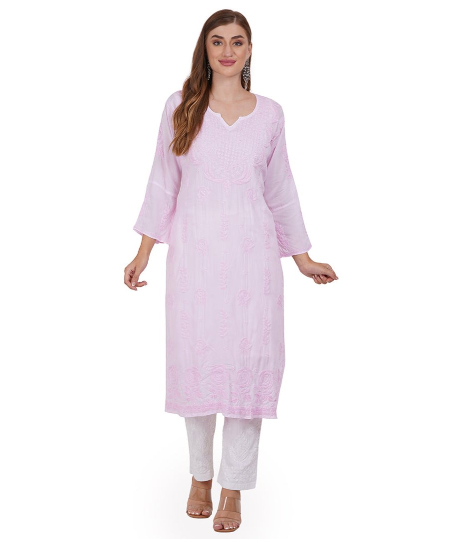 Elegant Pink Hand-Embroidered Lucknowi Chikankari Kurta