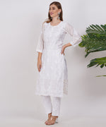 Load image into Gallery viewer, White Chanderi Hand-Embroidered Chikankari Kurta with Gold Thread Work
