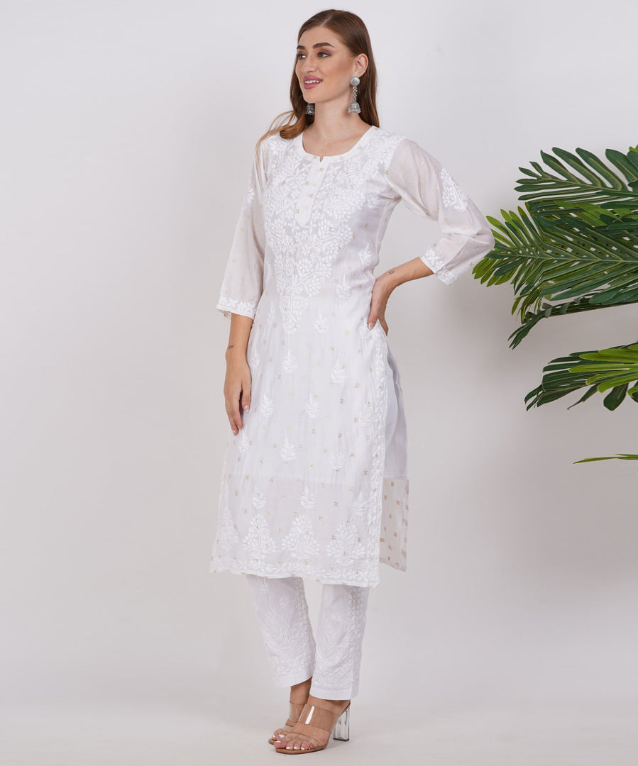 White Chanderi Hand-Embroidered Chikankari Kurta with Gold Thread Work