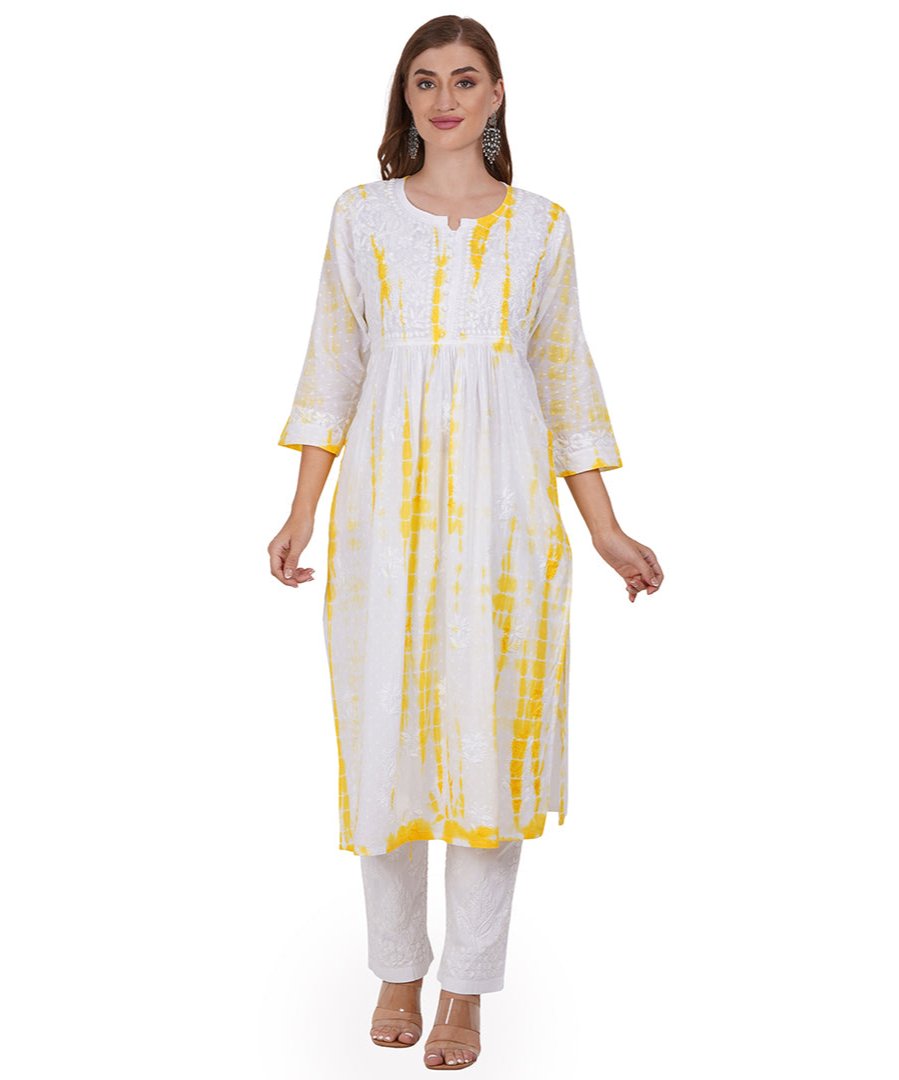 Yellow On White Tie & Dye Nyra Cut Lucknowi Chikankari Kurta