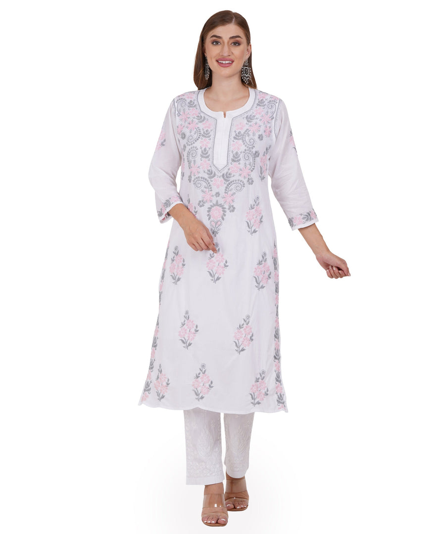 Pink-Grey Thread Hand-Embroidered Chikankari Kurta