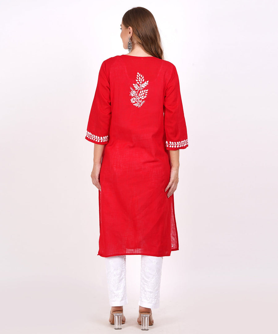 Red Hand-Embroidered  Cotton Chikankari Kurta with Pocket