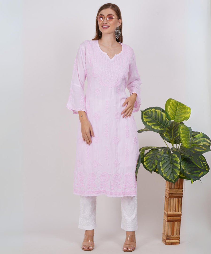 Elegant Pink Hand-Embroidered Lucknowi Chikankari Kurta