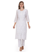 Load image into Gallery viewer, White Chanderi Hand-Embroidered Chikankari Kurta with Gold Thread Work
