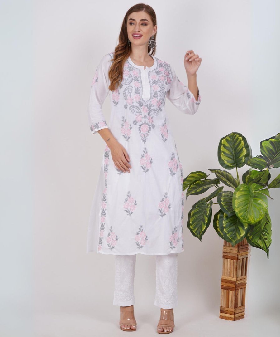 Pink-Grey Thread Hand-Embroidered Chikankari Kurta