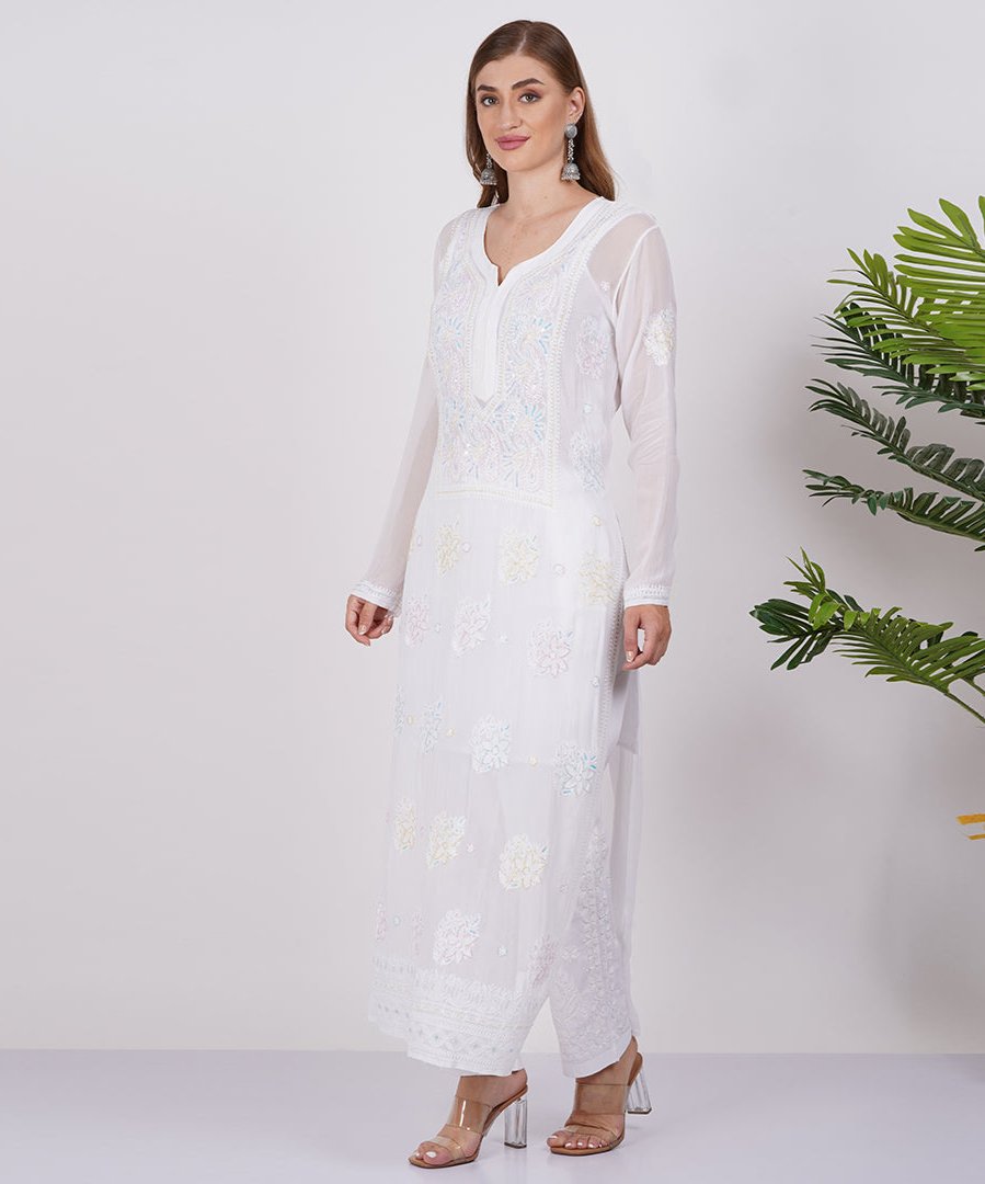 Luxurious Long Length Cutdana Work Lucknowi Chikankari Kurta