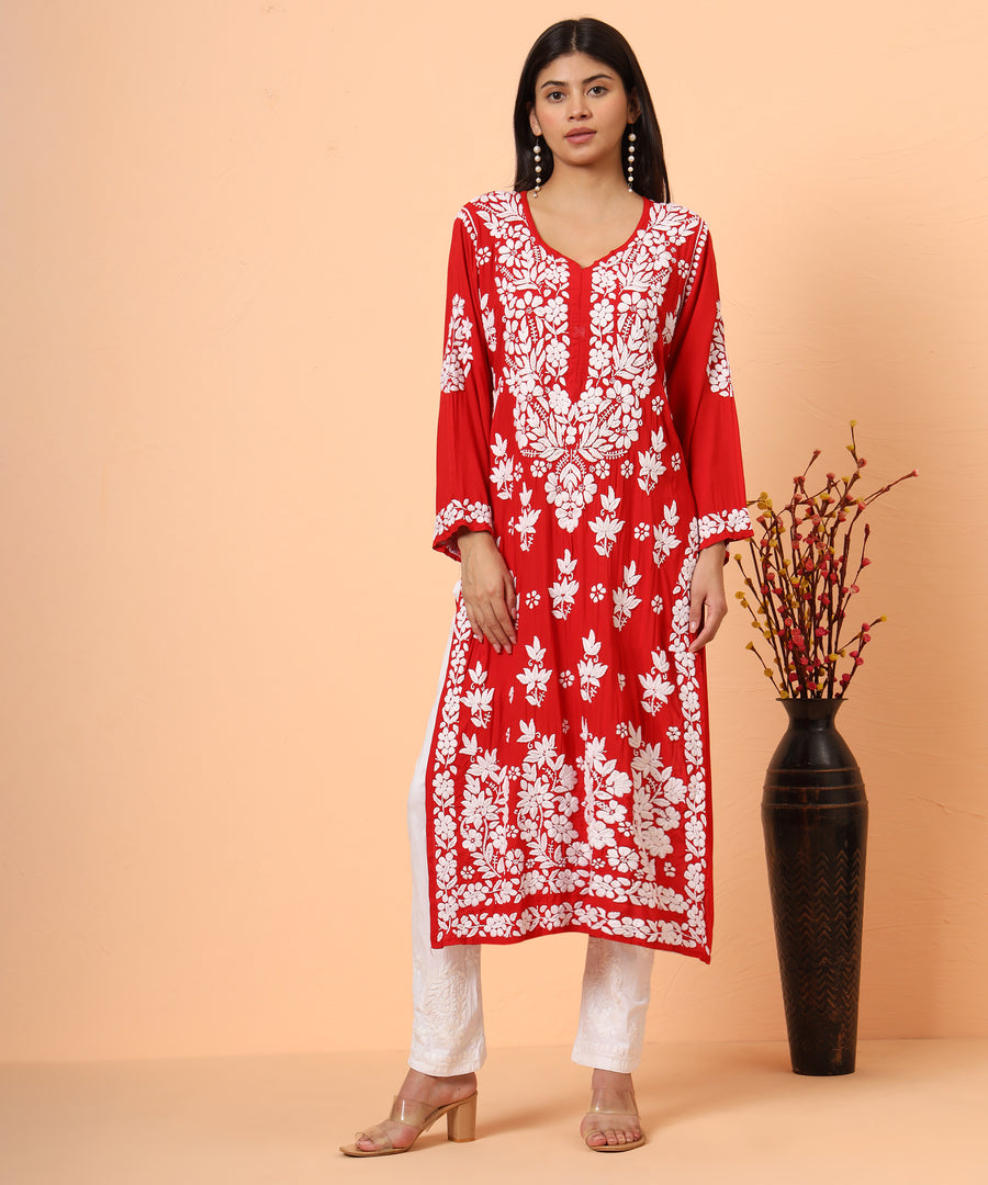 Red Aiman Modal Chikankari Kurta