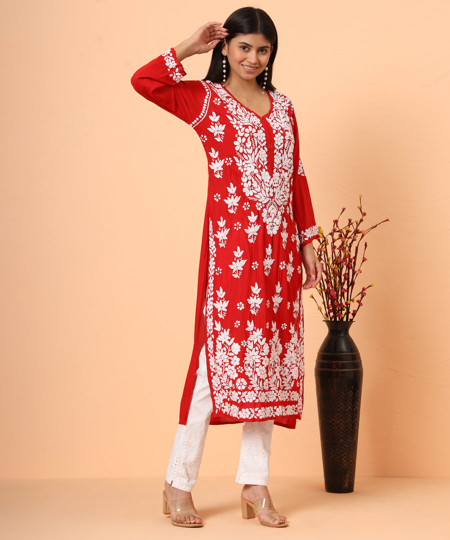 Red Aiman Modal Chikankari Kurta