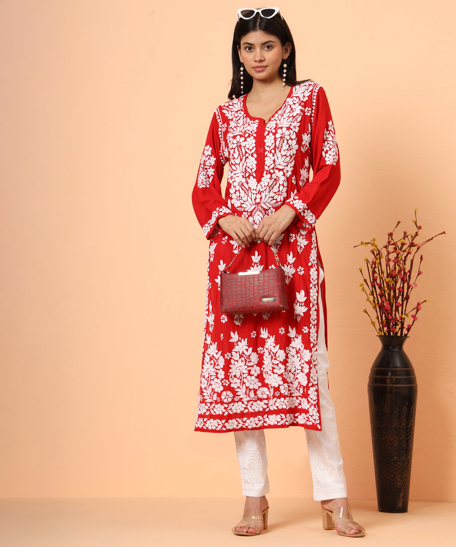 Red Aiman Modal Chikankari Kurta