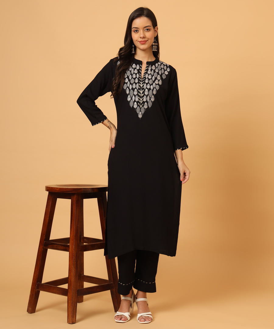 Black Modal Kurta Set with Luminescent Embroidery