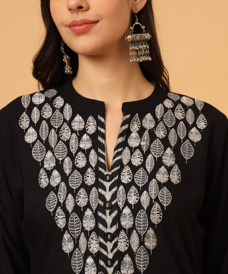 Black Modal Kurta Set with Luminescent Embroidery