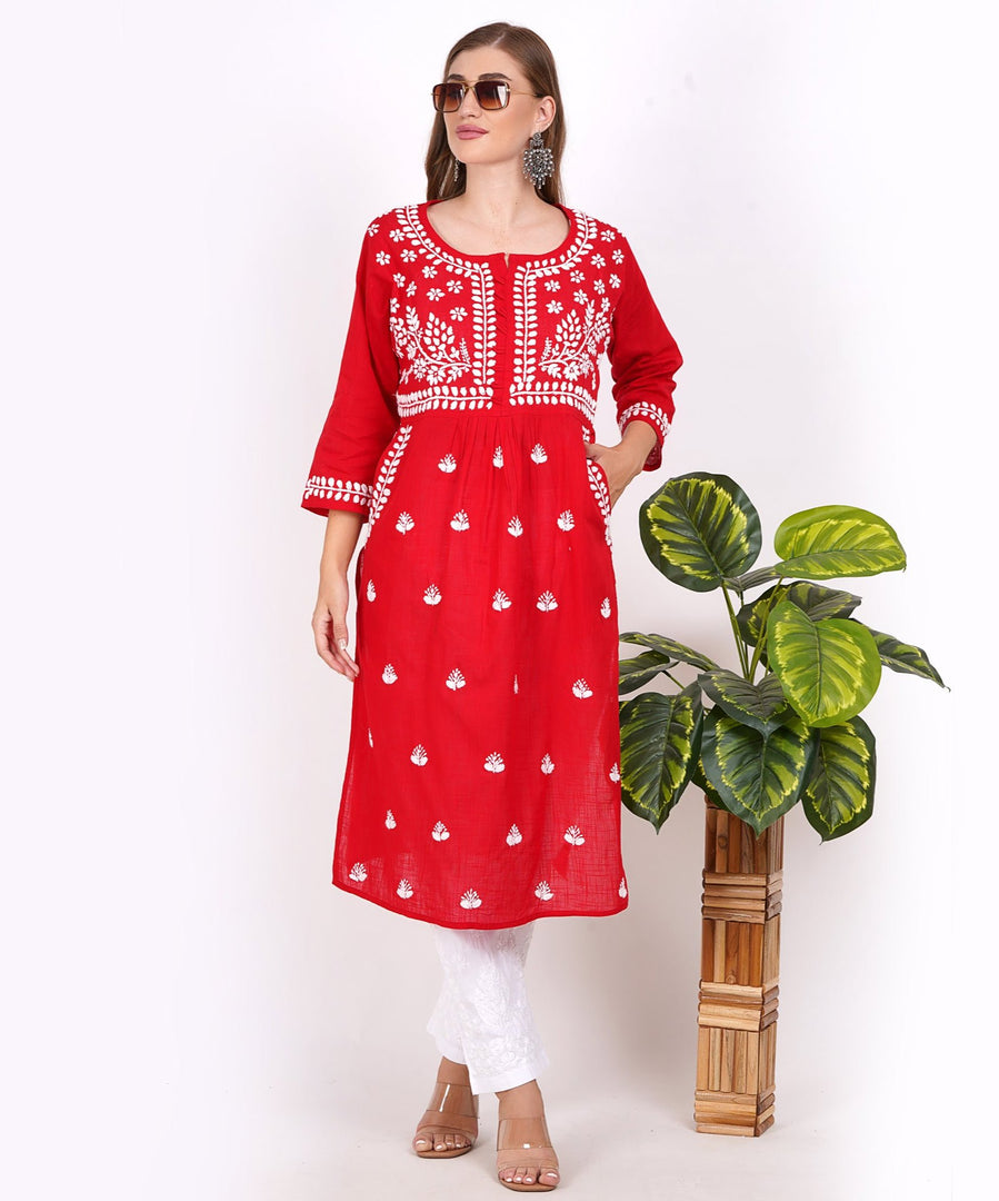 Red Hand-Embroidered  Cotton Chikankari Kurta with Pocket