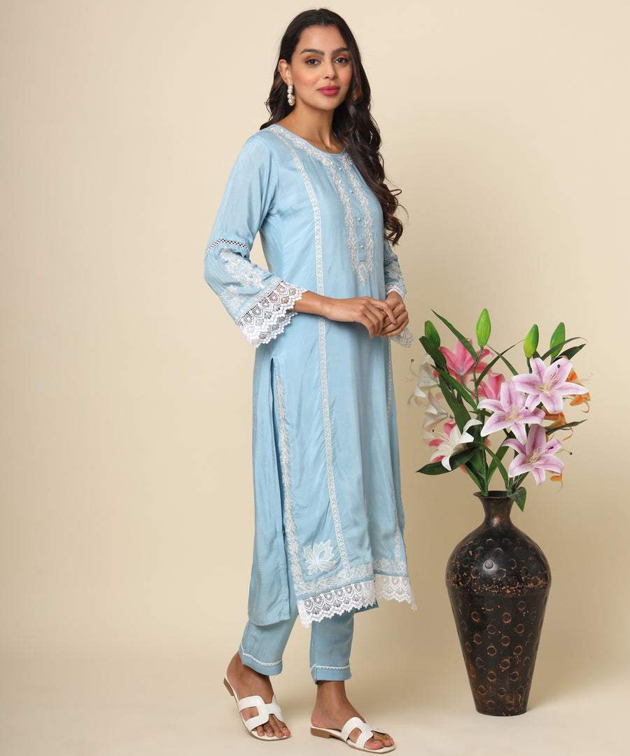 Russian Silk Kurta with Luminescent Silver Embroidery