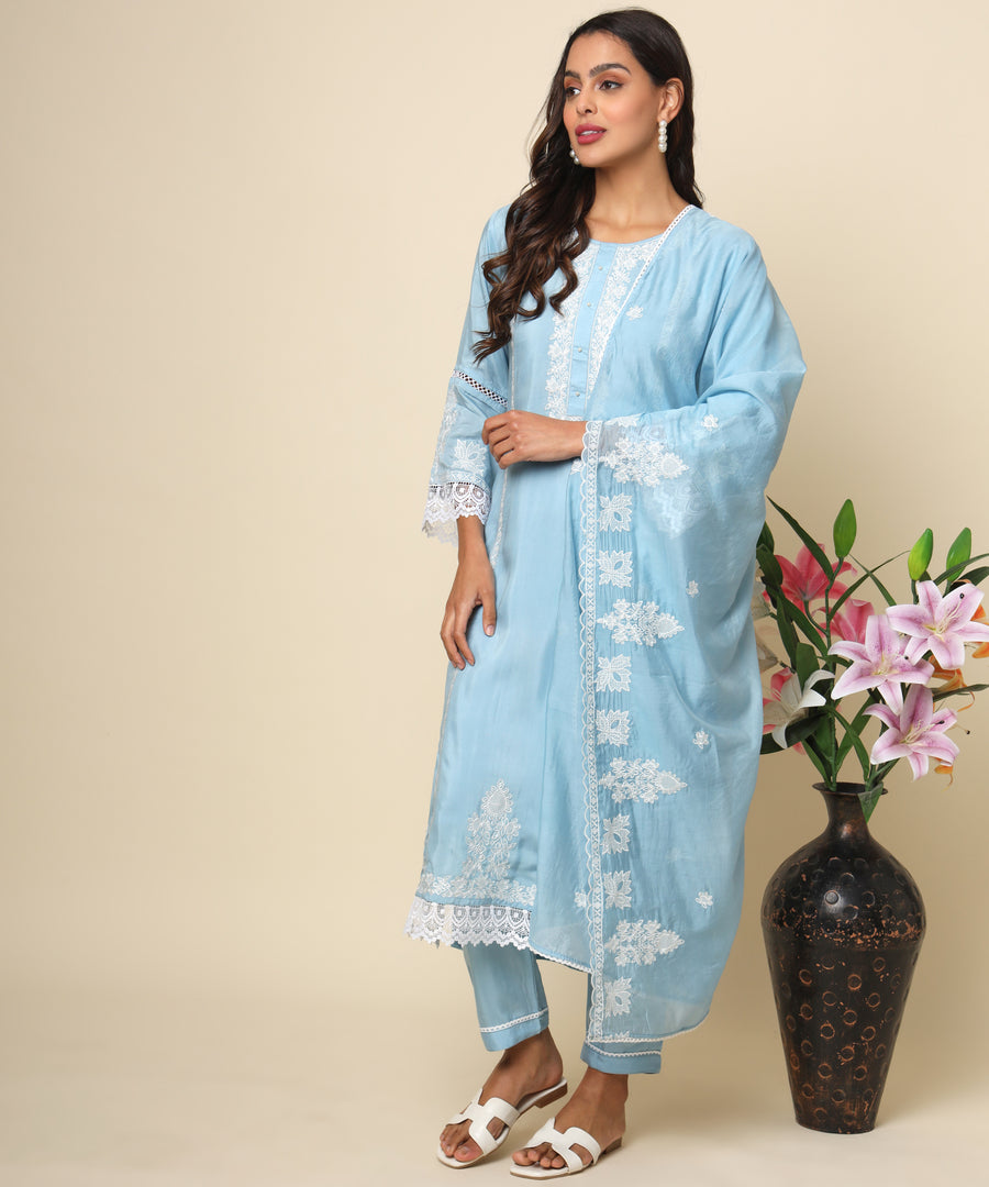 Russian Silk Kurta with Luminescent Silver Embroidery